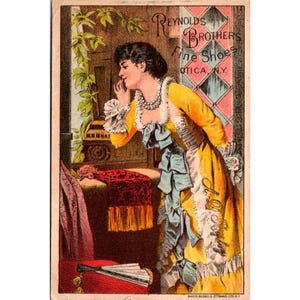 Antike viktorianische Handelskarte für Reynolds Brothers Fine Schuhe Utica NY Lithographie MayerMerkel & Ottmann