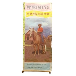Carte routière vintage du Wyoming, 1955 Publication de l'Office du tourisme et de la Commission des autoroutes