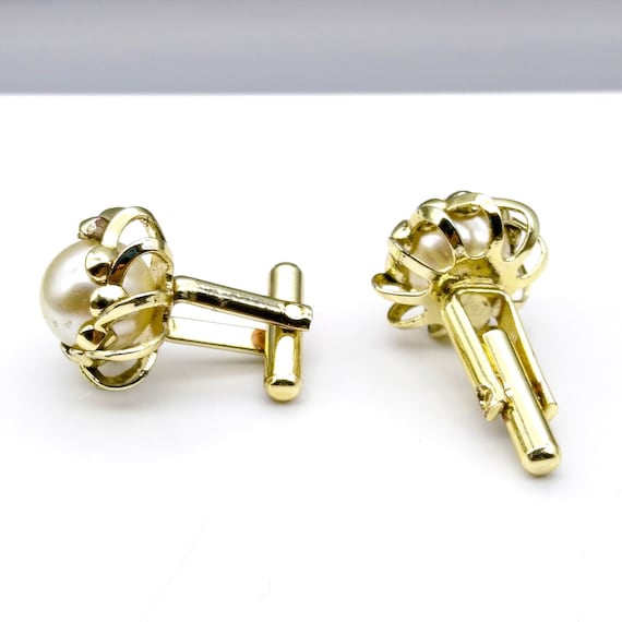 Boutons De Manchette Vintage Perle Et Or - Formels, Style Rectangulaire, Pour Homme