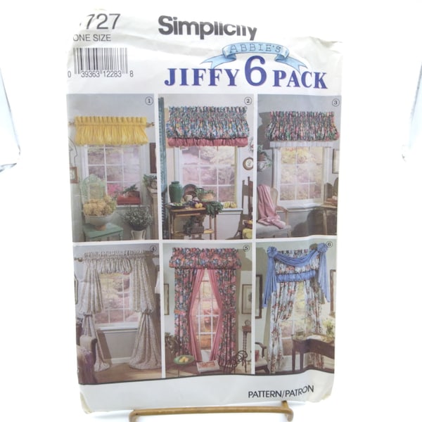 UNCUT Vintage Sewing PATTERN Simplicity 7727, Abbie's Jiffy 6 Pack Window Treatments One Size Balloon Curtains Rod Covers Valance