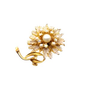 Vintage BSK Gold-Tone Floral Brooch With Faux Pearl & Rhinestone Accents