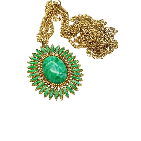Collier Double Fantasy Vintage Doré Avec Cabochon Vert & Pierres Vertes - Occasion Excellent état