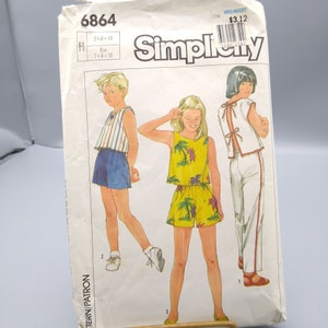 Vintage Sewing PATTERN Simplicity 6864, Girls Easy to Sew 1985 Tops and Pull On Pants or Shorts, Child Size H 7 8 10