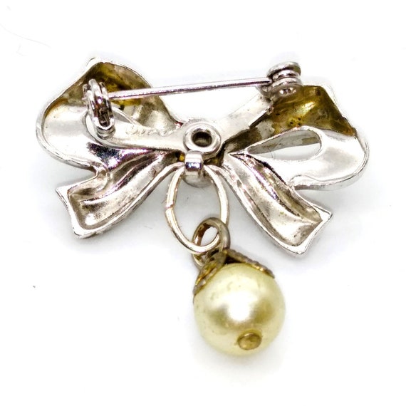 Vintage Coro Bow Brooch with Dangling Faux Pearl,… - image 3