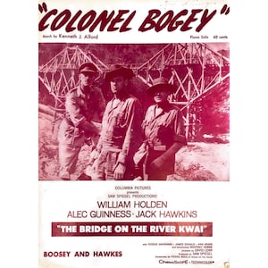 Partitura antigua, Marcha del Coronel Bogey de Kenneth Alford, 1943 Columbia Pictures Puente sobre el río Kwai, Holden Guinness Hawkins, Boosey