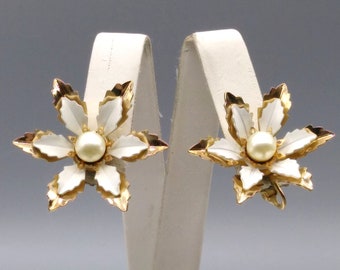 Vintage Emmons Flower Earrings, Gold Tone and White Floral Clip Ons with Pearl Center