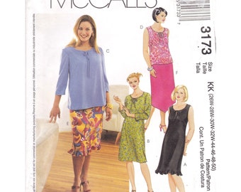 UNCUT Vintage Sewing PATTERN McCalls 3173, Woman Style 2001 Petite Dresses Tops and Skirts, Plus Size KK 26W 28W 30W 32W 44 46 48 50