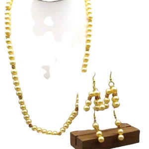 Vintage Glass Pearls Parure, Lustrous Champagne Beads with Gold Tone Spacers, 2 Pr Dangle Earrings and Necklace