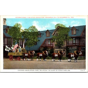 Cartão postal vintage de 1931 do Chicago Union Stock Yard "4-H Hitch" Clydesdale Team colecionável