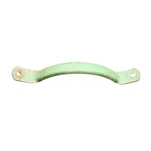 May include: A curved, light green metal handle with two mounting holes. The handle has a slightly weathered appearance, suggesting age or outdoor use. The handle is approximately 6 inches long.