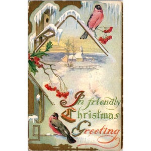 Cartão postal de Natal vintage do início dos anos 1900 com pássaros e cenário de inverno