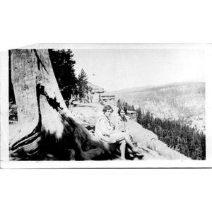 Vintage Black & White Photograph Couple Sitting On Cliff Edge Nature Scene 1930s Rustic Charm