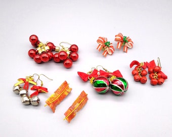 Vintage Christmas Earrings Lot of 6 Pair, Winter Holiday Dangles Bundle, Merry Fashion for Pierced Ears