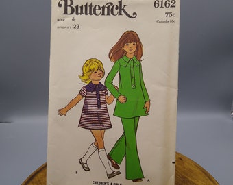 UNCUT Vintage Sewing PATTERN Butterick 6162, Child Dress and Pants in Girls Size 4