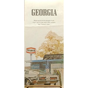 Mapa de viagem vintage da Texaco, propaganda de marketing de gasolina e cartão de viagem da Geórgia, colecionável da década de 1960