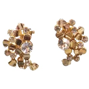 Vintage LERU Flower Earrings, Gold Tone Textured Petals and Clear Crystal Centers, Floral Clip Ons
