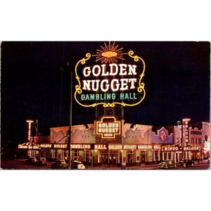 Carte postale vintage Golden Nugget Gambling Hall Las Vegas Nevada Night Scene P793 lin inutilisé des années 1950