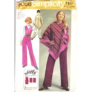 Vintage Sewing PATTERN Simplicity 9066, Misses Jiffy 1970 Jumpsuit and Poncho, Size 8 Simple to Sew