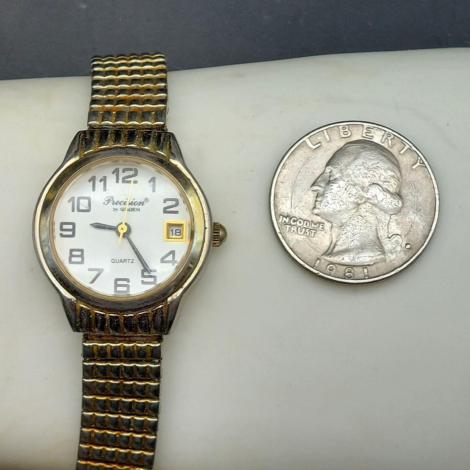 Vintage Gruen Precision Quartz Ladies Date Watch With Stretch Band Stainless Ste Gruen Gold (Watch For Her) • Matte Gold Dial with Golden  main image 4