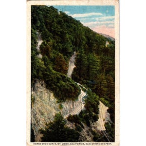 Carte postale vintage du Mont Lowe en Californie avec une image courbe en fer à cheval et un timbre de 1 cent
