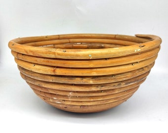 Vintage Coiled Bamboo Bowl, Boho Rattan Bread Basket Fruit Bowl, Retro Bent Cane Wicker Dish, Great for Display, Cottage Centerpiece