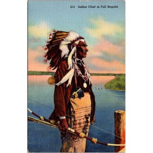 Cartão postal de linho vintage, chefe indígena em traje completo G5, costas divididas Curteich Chicago CT Art Colortone, povos indígenas nativos americanos