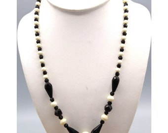 Antique Black and White Beaded Necklace, French Jet Czech Glass Faceted Round and Teardrop Beads