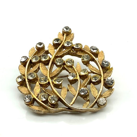 Brushed Gold Tone Vines Brooch with Sparkling Cle… - image 3