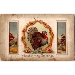 Postal vintage con saludos de Acción de Gracias en relieve con diseño de pavo y trigo
