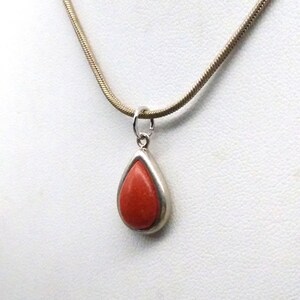 May include: A silver chain necklace with a teardrop-shaped pendant featuring a red coral stone.