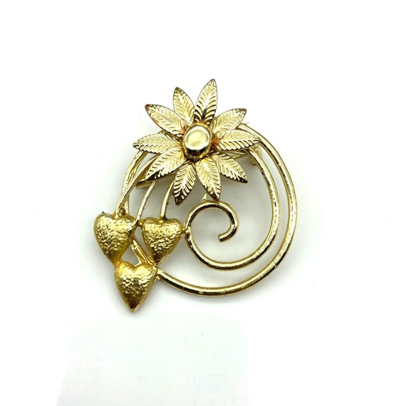 Vintage Hearts and Flowers Brooch, Gold Tone MCM … - image 2