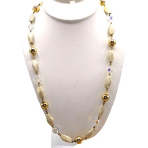 Vintage Beaded Necklace Gold Tone Beads and Faceted AB Crystal with Decorative Push Clasp