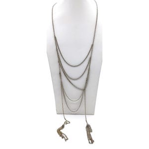 Vintage Long Silver Multi Layer Chain Necklace with Double Tassel Ends