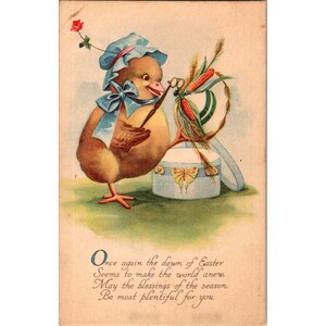 Cartolina pasquale antropomorfica vintage Gibson Lines con pulcino con cappello nuovo e design a forma di uovo di Pasqua