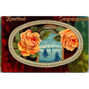 Cartão postal alemão vintage com rosas e veleiros Parabéns sinceros