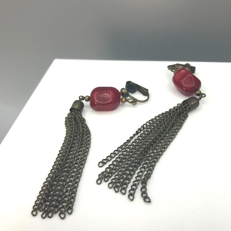 Vintage Red and Bronze Tassel Earrings, Clip On Fringe, Shoulder Duster image 2