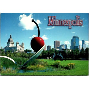 Cartão postal vintage de Minneapolis com design de jardim de esculturas Spoonbridge e Cherry