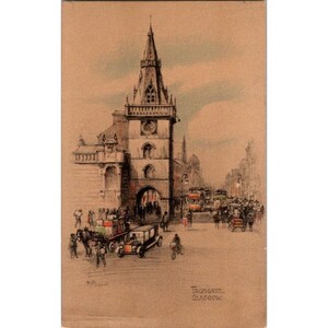 Cartão postal vintage de Trongate Glasgow por Andrew Allan, série nacional, feito na Grã-Bretanha