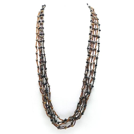 Multi-Strand Beaded Necklace With Earth Tones & Brass Clasp