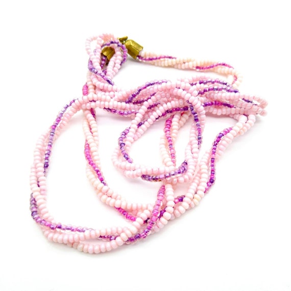 Barbiecore Seed Bead Torsade Necklace, Pink and P… - image 3
