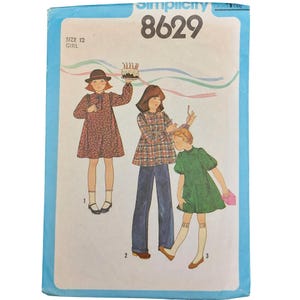 1970s Simplicity 8629 Vintage Sewing Pattern Girls Dress and Top Pants Size 12 Complete 1970s Retro Style