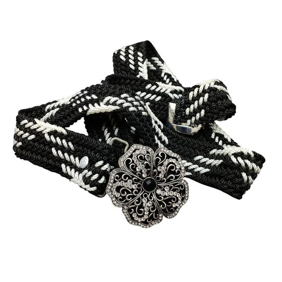 Vintage Buffalo Leather Braided Belt With Floral Silver Tone Buckle, 34\
