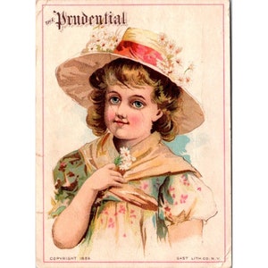 The Prudentielle Versicherung Trade Card Antike Werbung viktorianisches Mädchen in Gänseblümchen Gast Litho 1889