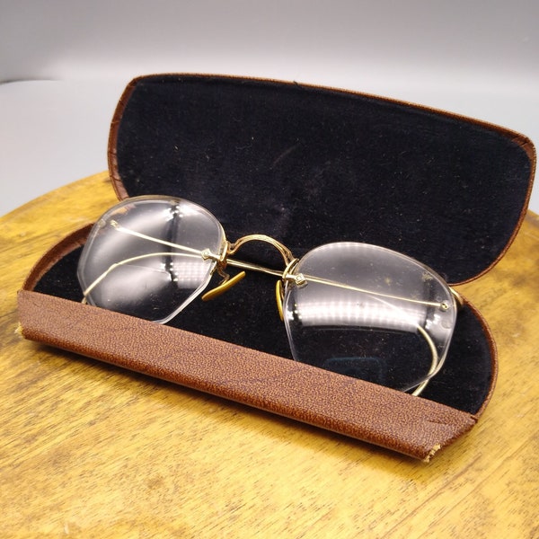 Antique Artcraft Numont Eyeglasses with Original Case, Semi Rimless Vintage GF Frames, 12K Gold Filled with Art Deco Etchings