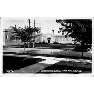 Cartão postal fotográfico real RPPC, Escola Washington, Twin Falls, Idaho, 1925, paisagem antiga em preto e branco