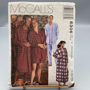 Vintage Sewing PATTERN McCalls 6306, Lanz of Salzburg 1992 Misses and Mens Nightshirt and Pajamas in Two Lengths, Size Y S M L