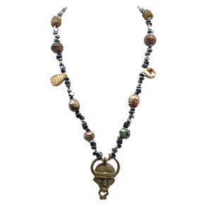 African-Inspired Brass Tribal Mask Pendant Necklace with Ceramic & Stone Beads