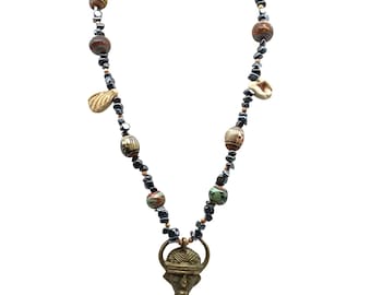 African-Inspired Brass Tribal Mask Pendant Necklace with Ceramic & Stone Beads