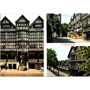 Vintage Chester England Postkarten-Collage mit Historischen Reihen Bridge St. & Architektur C3896