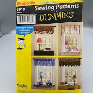 May include: Simplicity Sewing Patterns for Dummies pattern 3919 for valances. The pattern includes four different valance designs, including a scalloped design with brown and white polka dots, a striped design with pink, purple, and green stripes, a blue and purple tie-dye design, and a camouflage design. The pattern is for one size.
